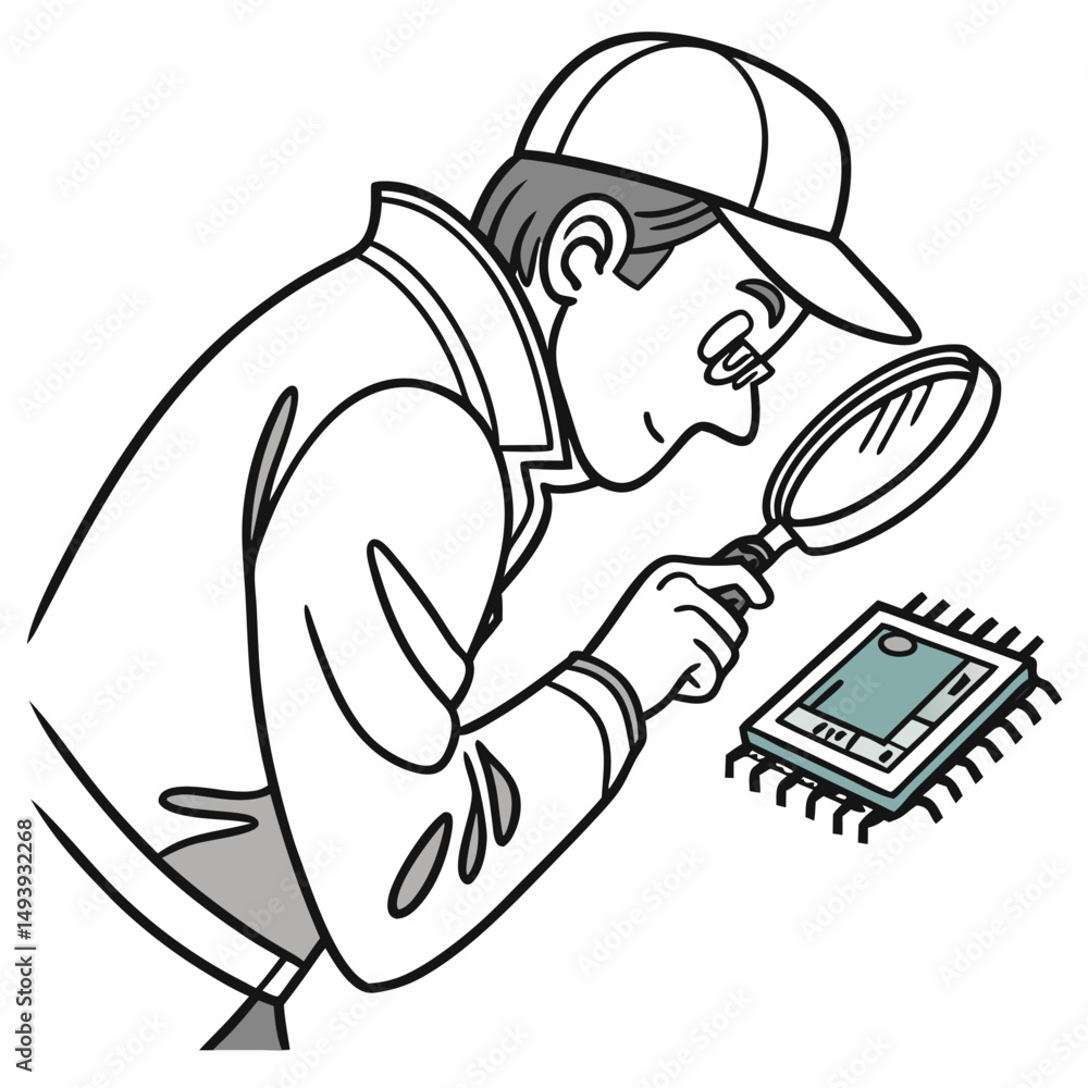 Poster technician inspecting microchip circuit board with magnifying glass on white background