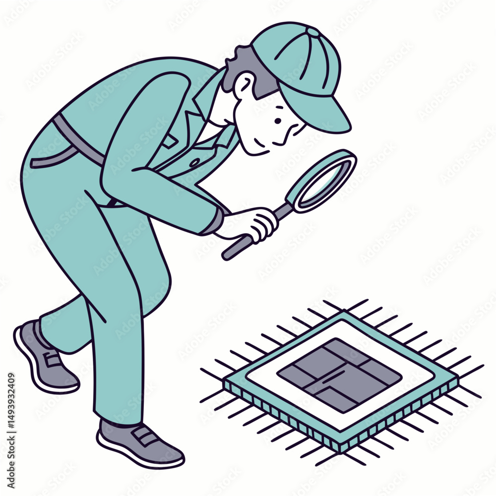 Poster technician inspecting microchip with magnifying glass on white background