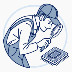 Technician inspecting microchip with magnifying glass on white background