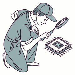 Technician inspecting microchip with magnifying glass, clean cutout, transparent background