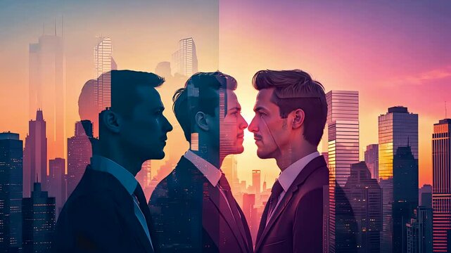 Corporate Men Staring Face to Face with City Skyline and Double Exposure Gradient Lighting in Background