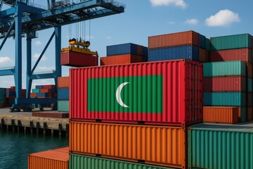 Shipping container painted with the national flag of Maldives, positioned at an international cargo port, symbolizing trade and logistics. Maldives flag on shipping container at port

