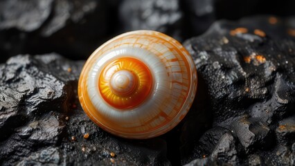 Glowing Nacre Shell on Rough Volcanic Rock, Marine Macro Aesthetic

