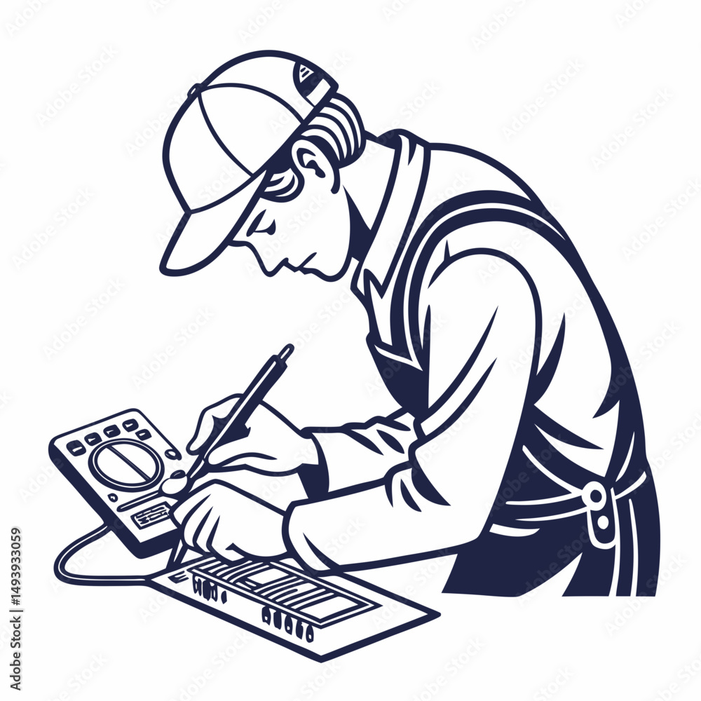 Poster technician working on circuit board with multimeter