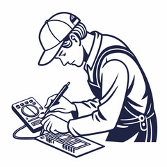 Technician working on circuit board with multimeter