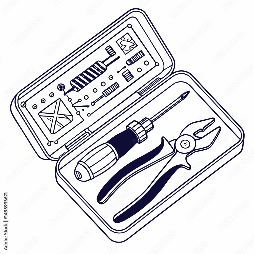 Poster open toolbox with screwdriver pliers and various tools