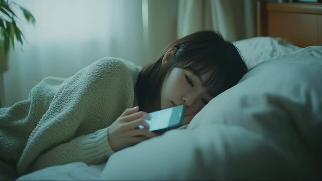 スマートフォンを持ちながら眠る女性
