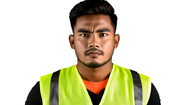 Serious Asian worker wearing high visibility vest, cut out transparent