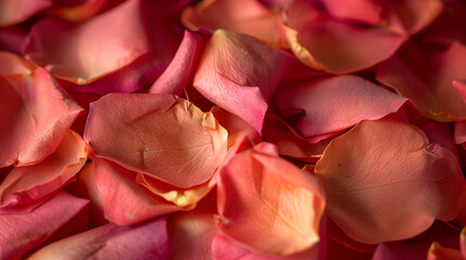 A close up view of many pink rose petals scattered randomly creating a beautiful floral texture
