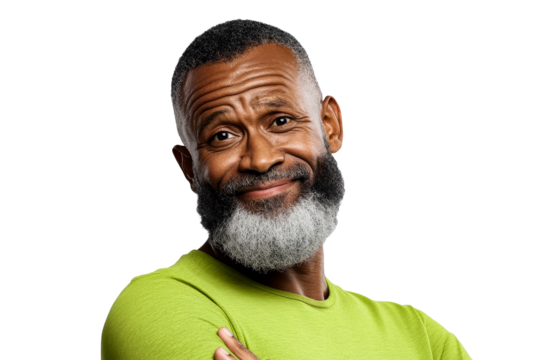 Smiling African American man with gray beard, arms crossed, cut out transparent