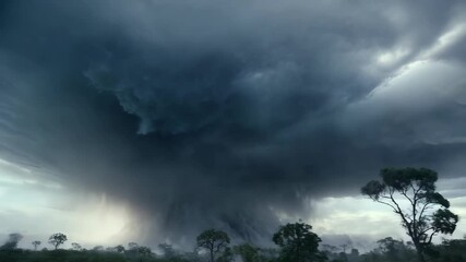 Impending storm cloudburst over sparse trees and vegetation in flat terrain, heavy dark sky and turbulent weather, cinematic, wide angle view