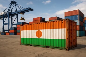 Industrial cargo container painted with the flag of Niger at a busy shipping port, symbolizing global trade and African exports.
