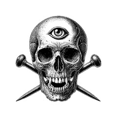 Detailed skull illustration with an eye, surrounded by crossed bones