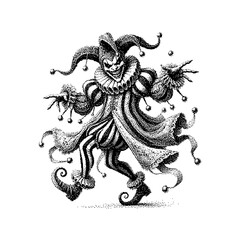 A whimsical jester in monochrome, showcasing playful movement and intricate detailing