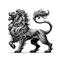 Black and white detailed illustration of a majestic lion in profile