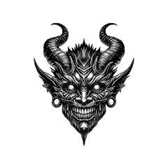 Intricate black and white illustration of a demon face with horns