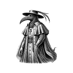 Plague doctor illustration in a vintage, intricate style with mystical elements