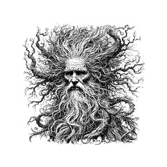 Intricate illustration of an old man with tree branches as hair