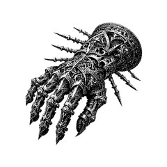 Intricate black and white illustration of a jellyfish with spiky appendages