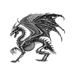 Intricate black and white dragon illustration featuring skeletal details and sharp wings