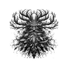 Intricate black-and-white illustration of a symmetrical botanic design