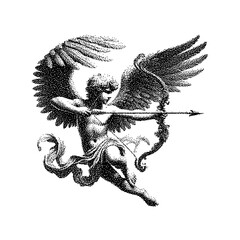 Vintage illustration of a winged figure with an arrow, featuring intricate details