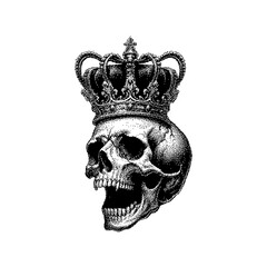 A detailed illustration of a skull wearing a crown, featuring gothic elements.