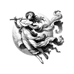 A graceful figure playing a flute amidst swirling clouds, showcasing vintage illustration style