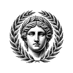 Classic illustration of a laurel-crowned figure in a detailed botanical frame