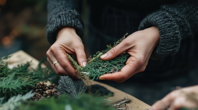 Close-up view of hands arranging greenery for a festive craft project. - Powered by Adobe