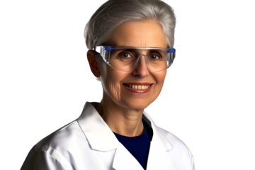 Mature female scientist in lab coat, protective eyewear, cut out transparent