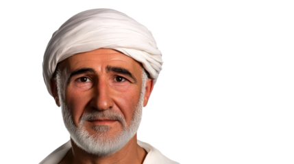 Older Arab man wearing turban portrait looking forward, cut out transparent