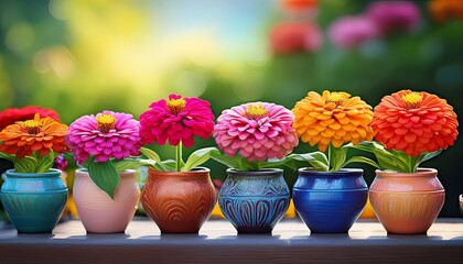 Bunte handget&ouml;pferte Blument&ouml;pfe mit Zinnien &ndash; Nahaufnahme