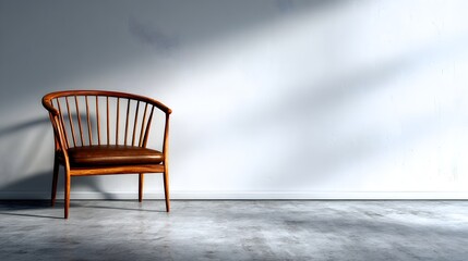 Minimalist interior with a modern wooden chair against a clean white wall. Natural side light and clear shadows create a calm, elegant, and spacious atmosphere. Perfect for design or lifestyle use.