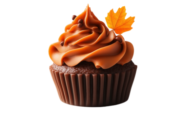 Chocolate cupcake topped with a creamy pumpkin swirl frosting and placed inside a decorative tin for autumn celebrations isolated on white background PNG