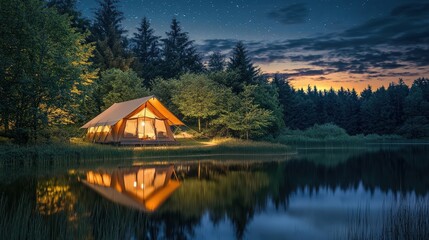 Fototapeta premium Cozy Glamping Cabin by a Serene Lake at Night, Surrounded by Lush Trees and Reflecting in Water