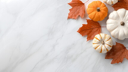 Border of small orange and white pumpkins and decorative autumn leaves on white marble. Fall season harvest theme concept with copy space for greeting card.