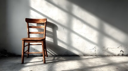 Minimalist interior with a modern wooden chair against a clean white wall. Natural side light and clear shadows create a calm, elegant, and spacious atmosphere. Perfect for design or lifestyle use.