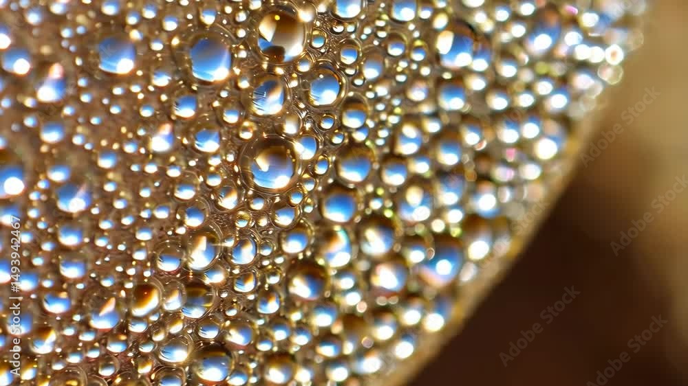 Poster abstract close-up shot of numerous water droplets on a light brown surface with blue sky reflections
