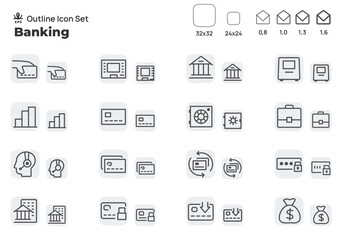 Online banking and financial sector. Concept editable stroke outline icons set isolated on white background flat vector illustration. Pixel perfect