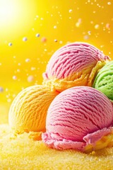 Three scoops of colorful ice cream,  resting on a sugary surface, with sprinkles falling