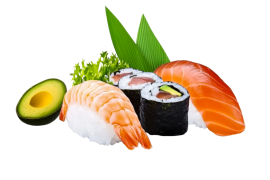 Assorted sushi nigiri and maki with greens, fresh avocado, cut out transparent