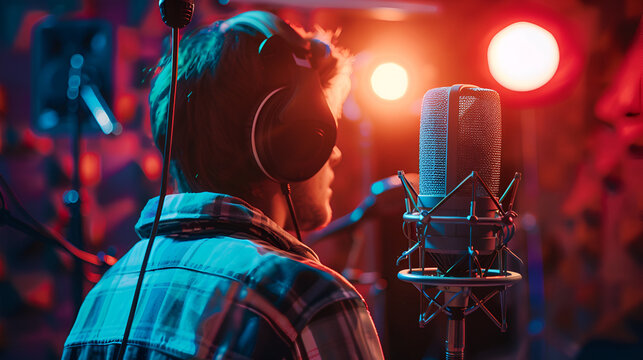 Man with headphones in recording studio with microphone and red and blue lighting visible