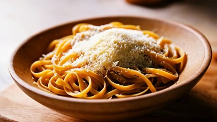 Delicious pasta in wooden bowl being sprinkled with cheese, creating a tasty Italian dish for lunch or dinner. Food photography. - Powered by Adobe
