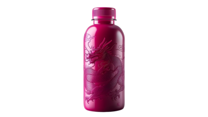Magenta plastic bottle with embossed dragon design