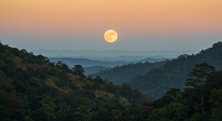 Full Moon Over Lush Green Mountains at Sunset