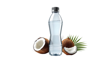 Coconut water bottle display against black background