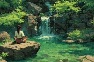 Serene Meditation by a Lush Waterfall in Natures Embrace