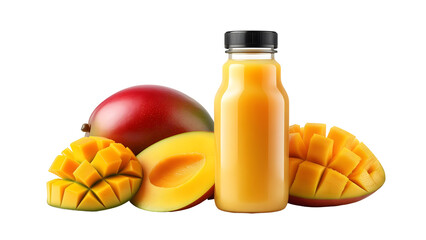 Fresh mango juice in bottle with mango fruit pieces