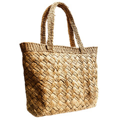 Natural Straw Tote Bag with Authentic Woven Text Isolated on Transparent Background